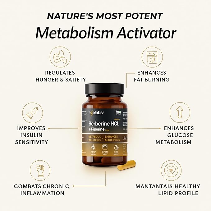 Berberine HCL 500 mg with Piperine 5 mg | Advanced Metabolic, Blood Sugar & Cholesterol Support