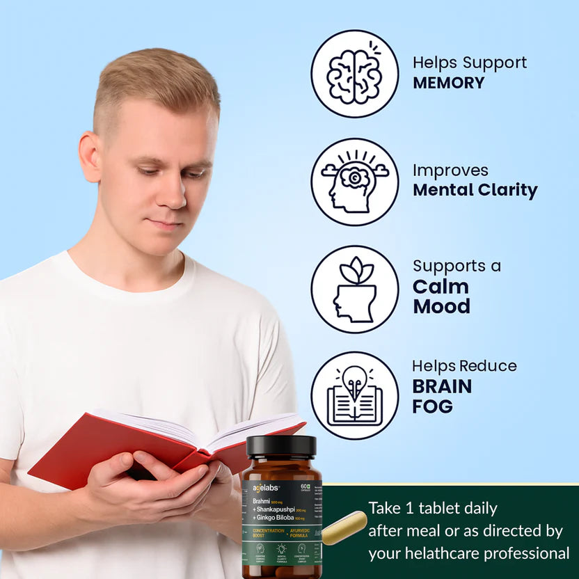Brahmi 500 mg + Shankhpushpi 300 mg + Ginkgo Biloba 100 mg | Brain & Focus Support