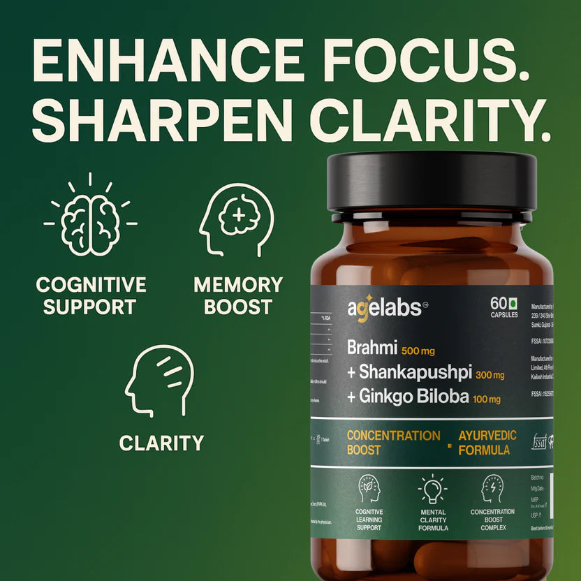 Brahmi 500 mg + Shankhpushpi 300 mg + Ginkgo Biloba 100 mg | Brain & Focus Support