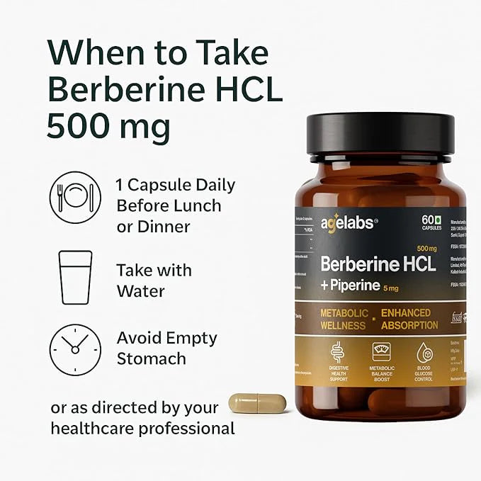 Berberine HCL 500 mg with Piperine 5 mg | Advanced Metabolic, Blood Sugar & Cholesterol Support