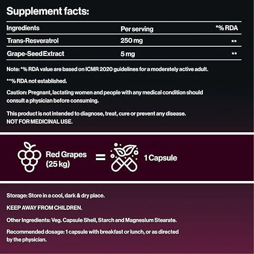 Trans-Resveratrol 250mg with Grape Seed Extract | Advanced Antioxidant & Longevity Support