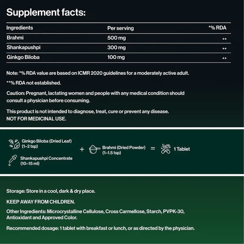 Brahmi 500 mg + Shankhpushpi 300 mg + Ginkgo Biloba 100 mg | Brain & Focus Support