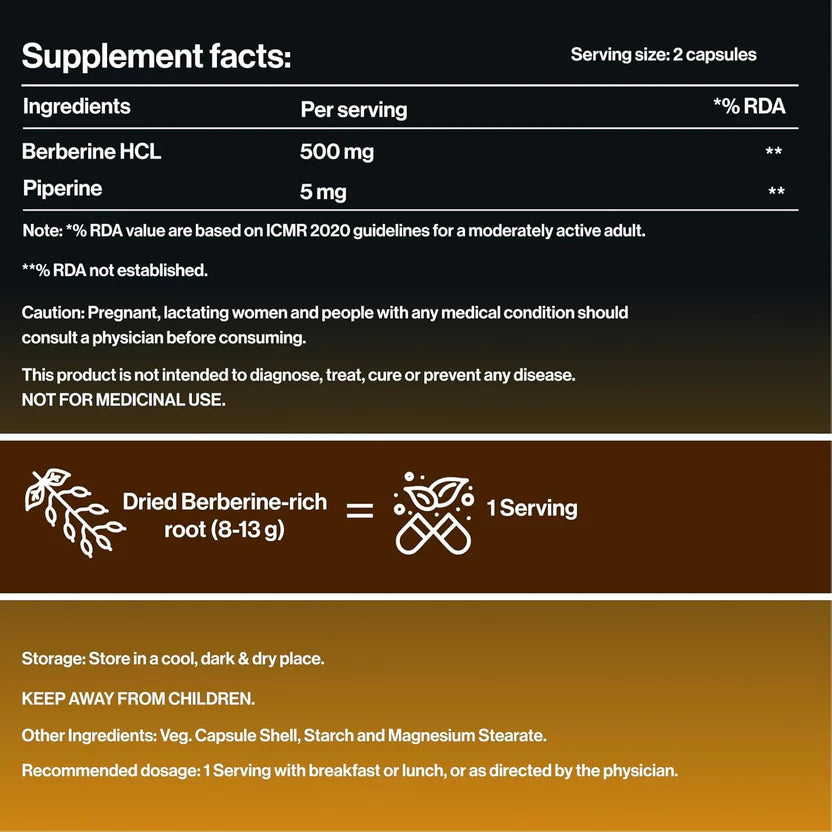 Berberine HCL 500 mg with Piperine 5 mg | Advanced Metabolic, Blood Sugar & Cholesterol Support